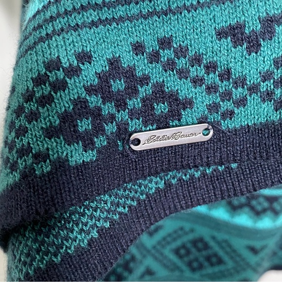Eddie Bauer Fair Isle Half Zip Sweater Green & Blue Mock Turtleneck Medium - Picture 6 of 10
